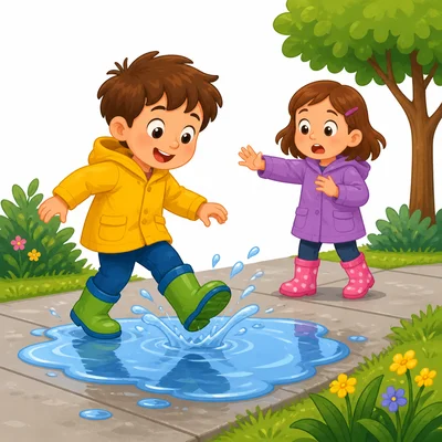 A child is about to step into a puddle while another child warns them.