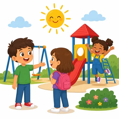 Children playing happily outside on a sunny playground.