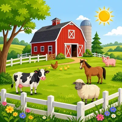 A bright farm scene with a barn, field, fence, sun, and animals.