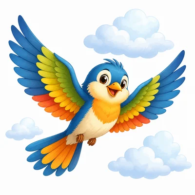 A colorful bird flying with wings spread.