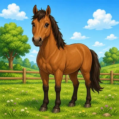 A friendly horse standing in a grassy field.
