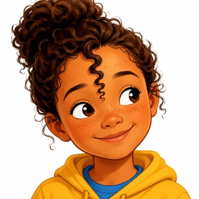 A child with a clearly visible curly lock of hair.