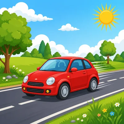 A red car driving fast on a road.