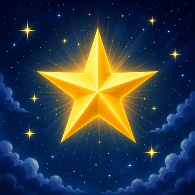 A bright golden star shining in the night sky.