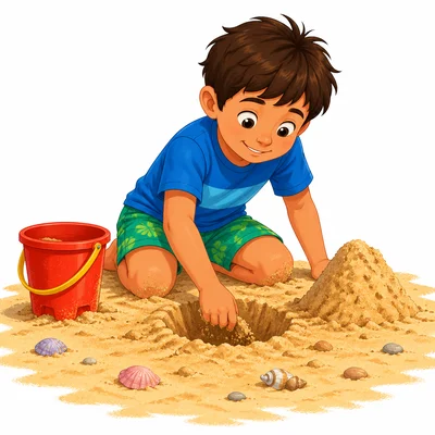 A child using an arm and hand to dig in the sand.