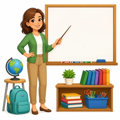 A smiling teacher in a classroom.