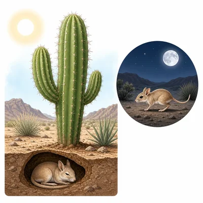 Desert plants and animals showing adaptations for heat and dryness.