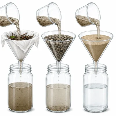 Three water filters using cloth, gravel, and sand with jars underneath.