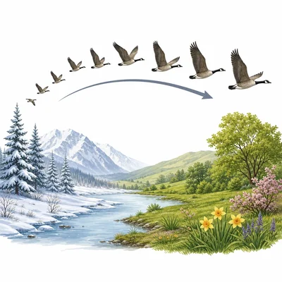 Birds migrating from a cold region to a warmer region.