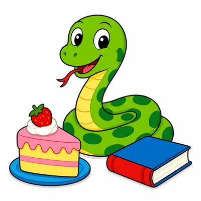 A snake beside cake and a book