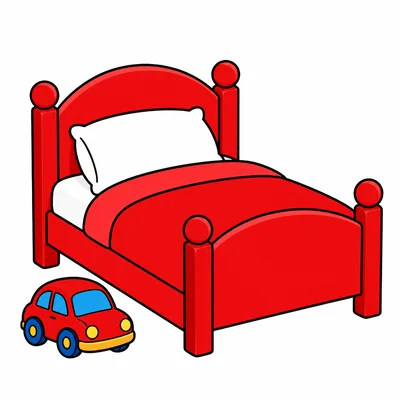 A red bed with a toy car beside it