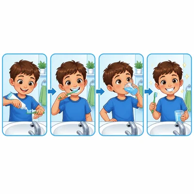 A child follows steps for brushing teeth at a sink.