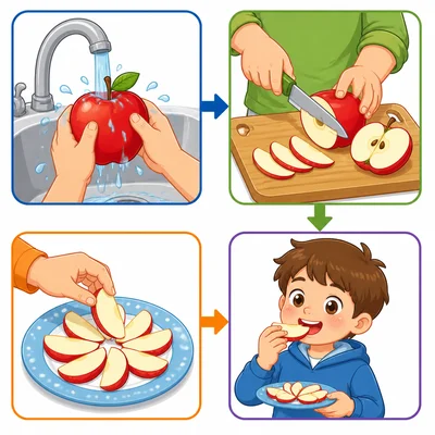 Steps for washing, slicing, serving, and eating an apple.