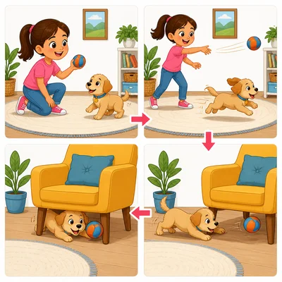 A girl and puppy play with a ball indoors.