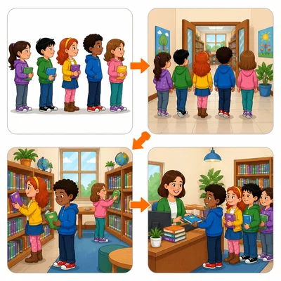 A class walks to the library, chooses books, and checks them out.