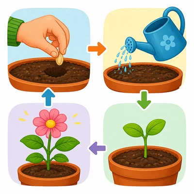 A seed grows into a flowering plant.