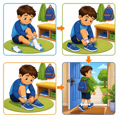 A child gets socks and shoes on before going outside.