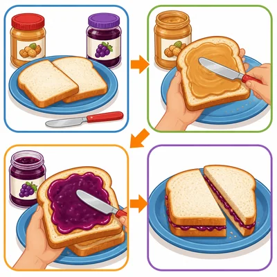 Steps for making a peanut butter and jelly sandwich.