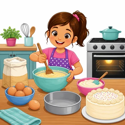 Cake-making items in a kitchen.