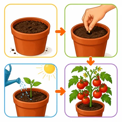 A tomato seed grows into a tomato plant.