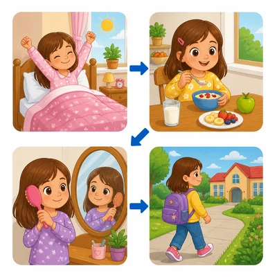 A child follows a morning routine before school.
