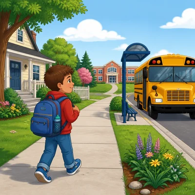 A child walks with a backpack to a school bus stop.