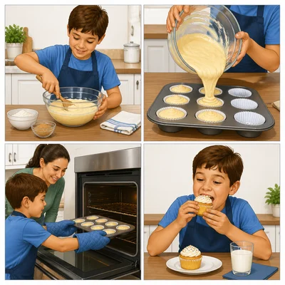 Four scenes show mixing batter, pouring it into a pan, baking cupcakes, and eating a cupcake.