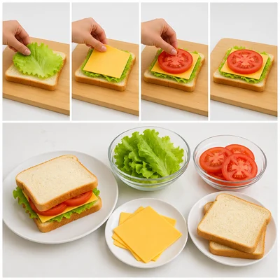 Hands assemble a sandwich with bread, cheese, lettuce, and tomato on a counter.