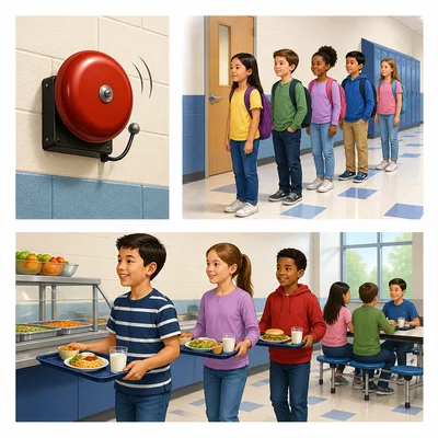 Three school scenes show a bell ringing, students lined up, and students going to lunch.