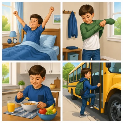 Four scenes show a boy waking up, getting dressed, eating breakfast, and getting on a school bus.