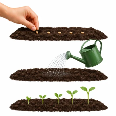 A garden sequence shows planting seeds, watering soil, and tiny sprouts growing.