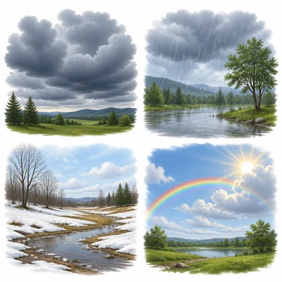 Four weather scenes show dark clouds, rain, melting snow, and a rainbow.