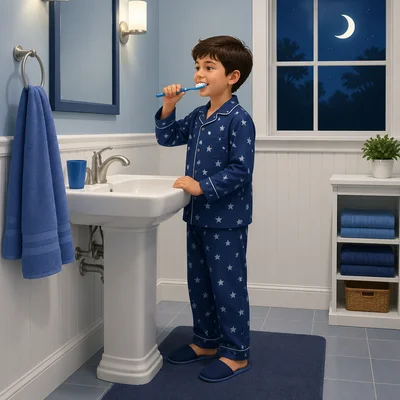 A child wearing pajamas brushes teeth at a bathroom sink.