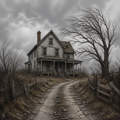 An old dusty house at the end of a narrow road with a gloomy, eerie mood.