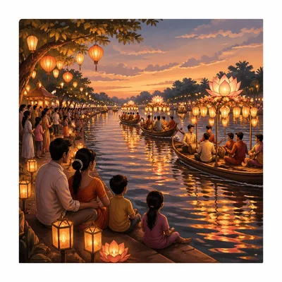 A festive evening river scene with lanterns, boats, families, and a parade.
