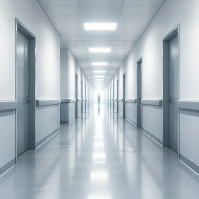 A sterile hospital hallway with harsh lights and an uneasy atmosphere.