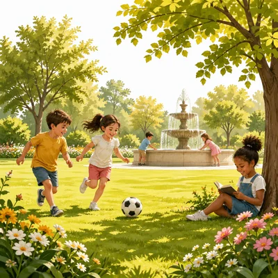 A bright sunny park with children near a fountain and trees in a warm breeze.