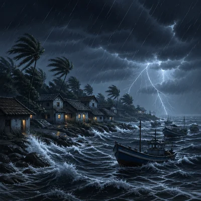 A small fishing village at night during a violent storm.