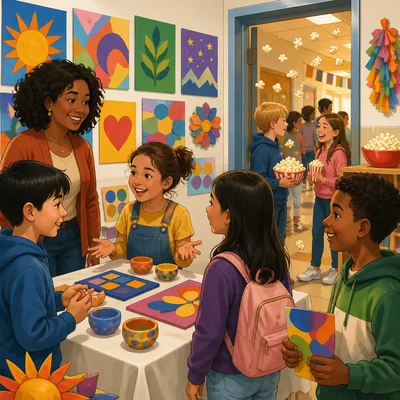 A cheerful classroom decorated with student art during a school fair.