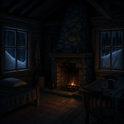A snowy cabin at night with a low fire and silent forest outside.