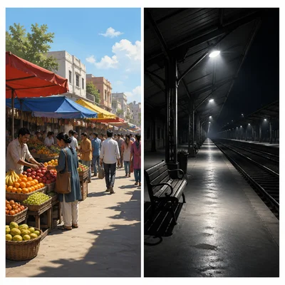 A contrast between a bright busy market and a dark empty train station.