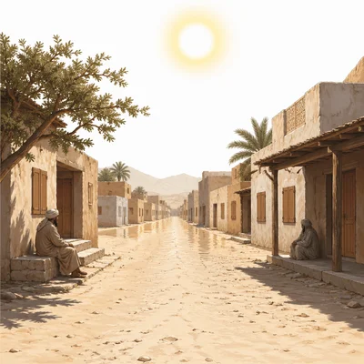 A hot silent desert town with closed shutters and an empty road.