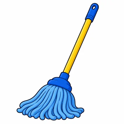 A mop with a yellow handle and blue mop head