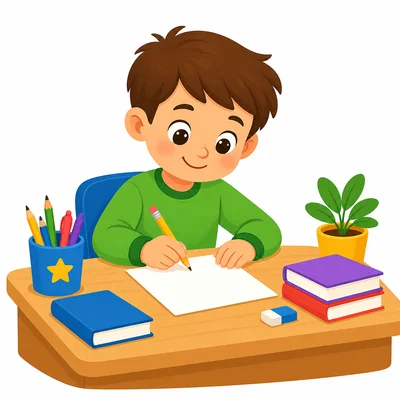 A child writing with a pencil at a desk.