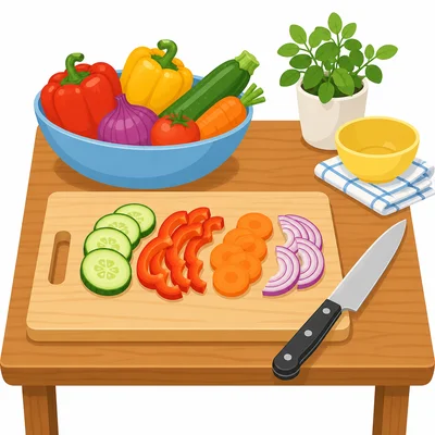 A kitchen knife on a cutting board with sliced vegetables.