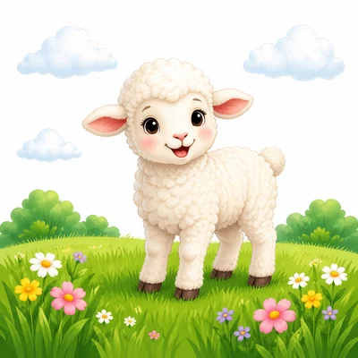 A fluffy lamb standing in a meadow.