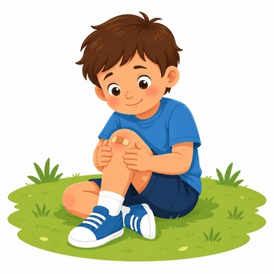 A child holding a knee with a small bandage.