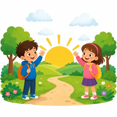 Children greeting each other in the morning sunshine.