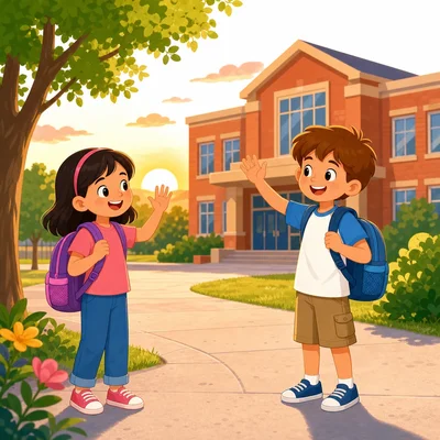 Two children waving goodbye outside a school.