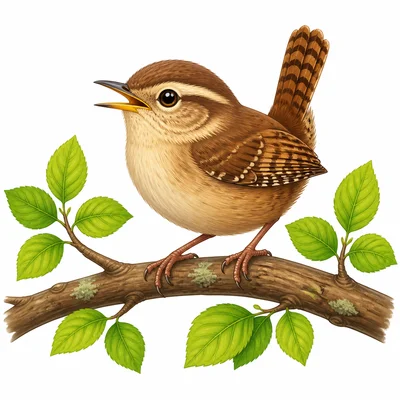 A small wren sits on a tree branch.